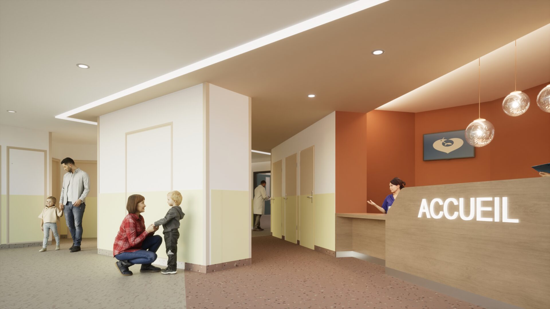 Espace d'accueil chaleureux de l'Hôpital Necker avec des tons doux et un éclairage moderne, mettant en avant la conception d'A26 pour une expérience patient optimisée et une accessibilité facile.