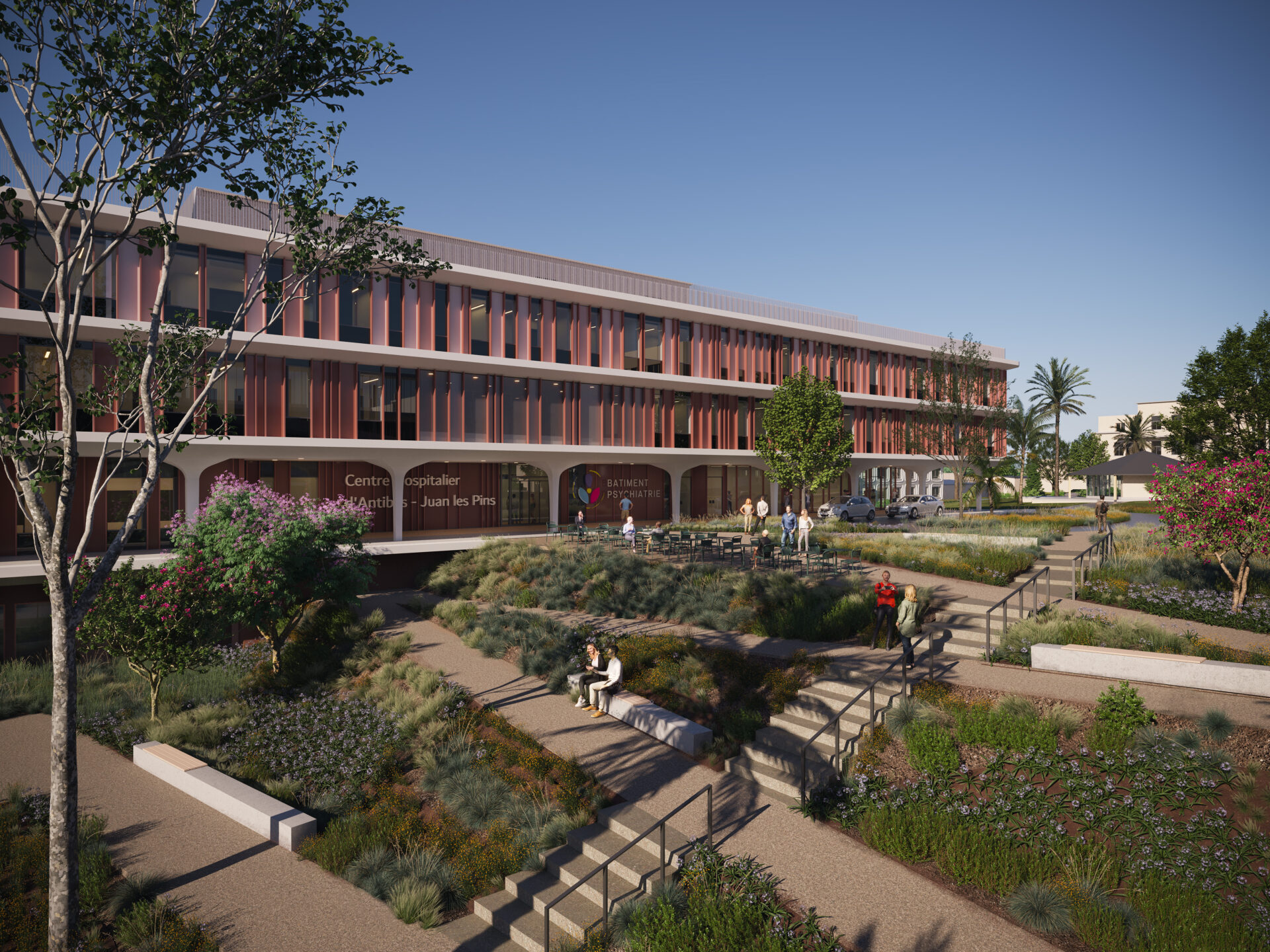 Jardin thérapeutique du Centre Hospitalier à Antibes, un projet d'aménagement hospitalier par A26, combinant design hospitalier durable et espaces verts pour la réhabilitation hospitalière et le bien-être des patients
