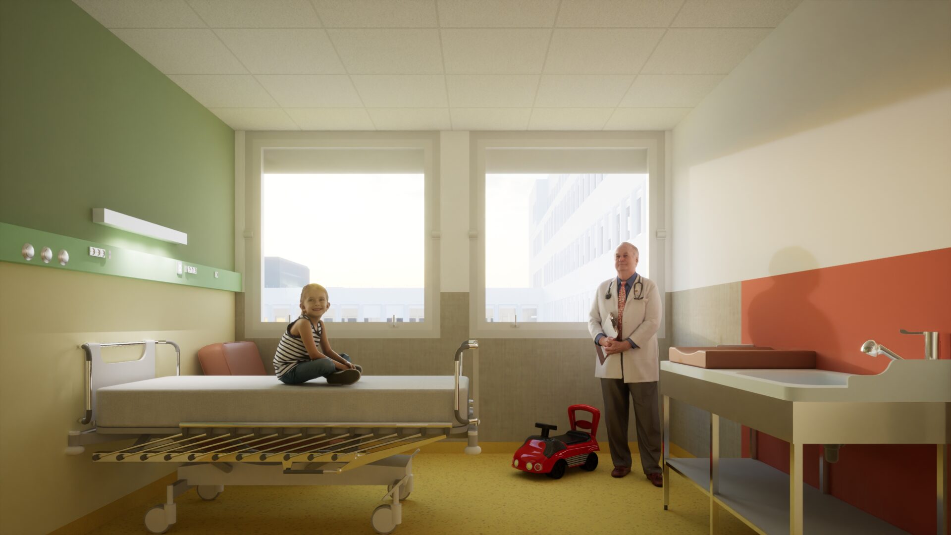 Chambre d'hôpital pédiatrique de l'Hôpital Necker avec des couleurs vives et un espace accueillant, reflétant la conception hospitalière centrée sur le patient d'A26 pour un environnement rassurant