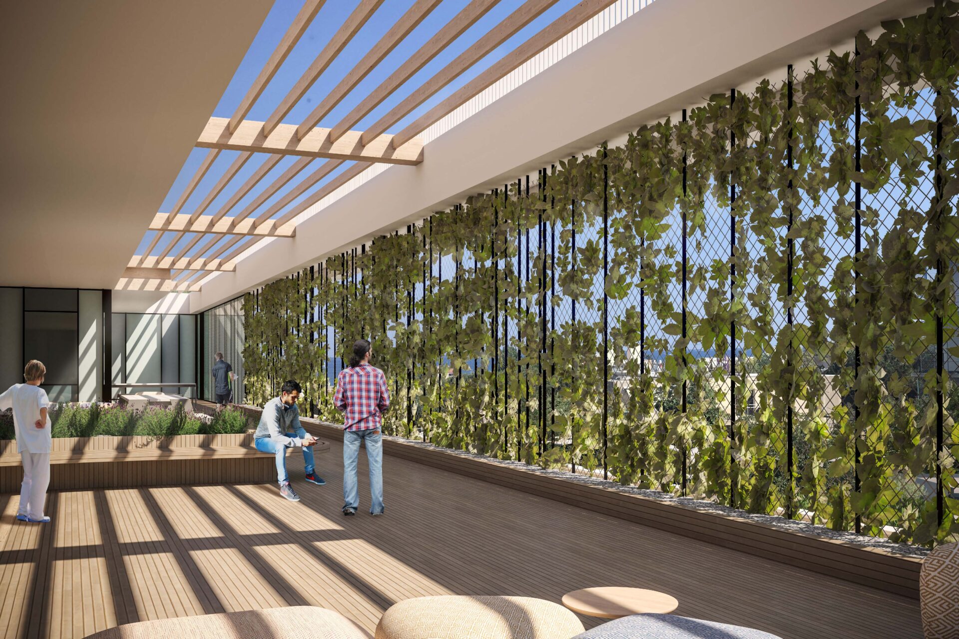 Terrasse hospitalière avec pergola et végétation grimpante du Centre Hospitalier à Antibes, illustrant l'engagement d'A26 envers des soins de santé durables et l'optimisation des espaces de soins extérieurs