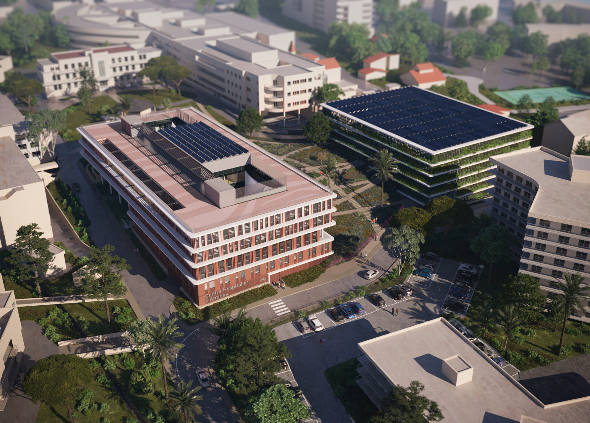 Vue aérienne du Centre Hospitalier à Antibes, soulignant l'architecture contemporaine et les innovations médicales en termes d'efficacité énergétique hospitalière et de conception durable, conçu par A26