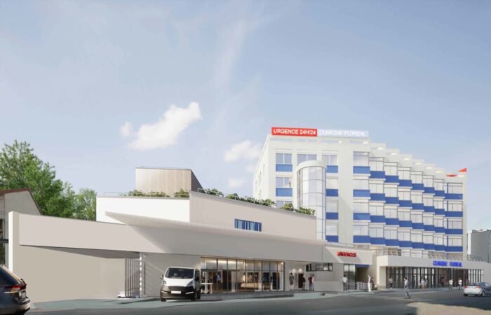 Entrée principale de la Clinique Floréal à Bagnolet avec une façade accueillante et des marquages clairs pour les urgences, illustrant le souci d'accessibilité et de confort des patients par A26 dans la conception hospitalière