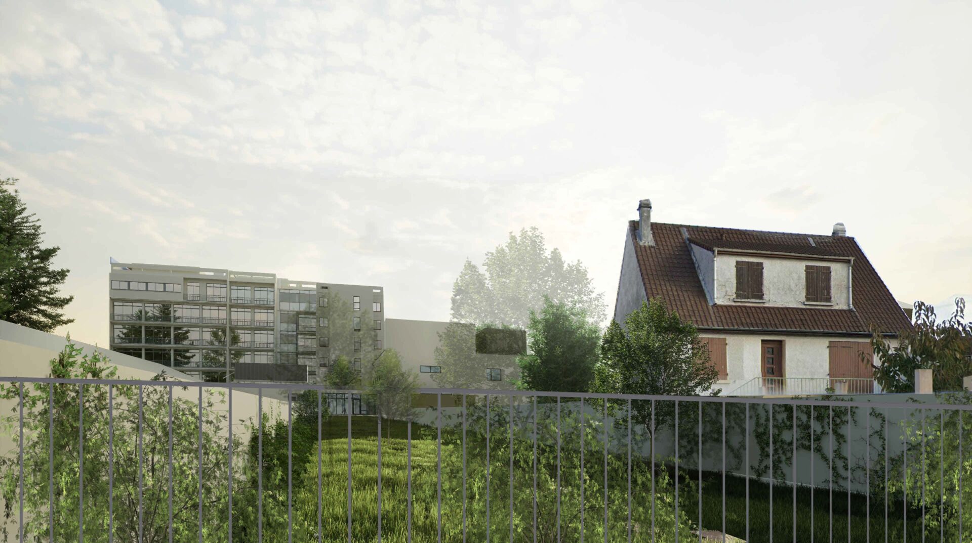 Intégration de la Clinique Floréal de Bagnolet dans son quartier résidentiel, démontrant la capacité d'A26 à créer des infrastructures médicales contemporaines qui s'harmonisent avec l'environnement urbain local