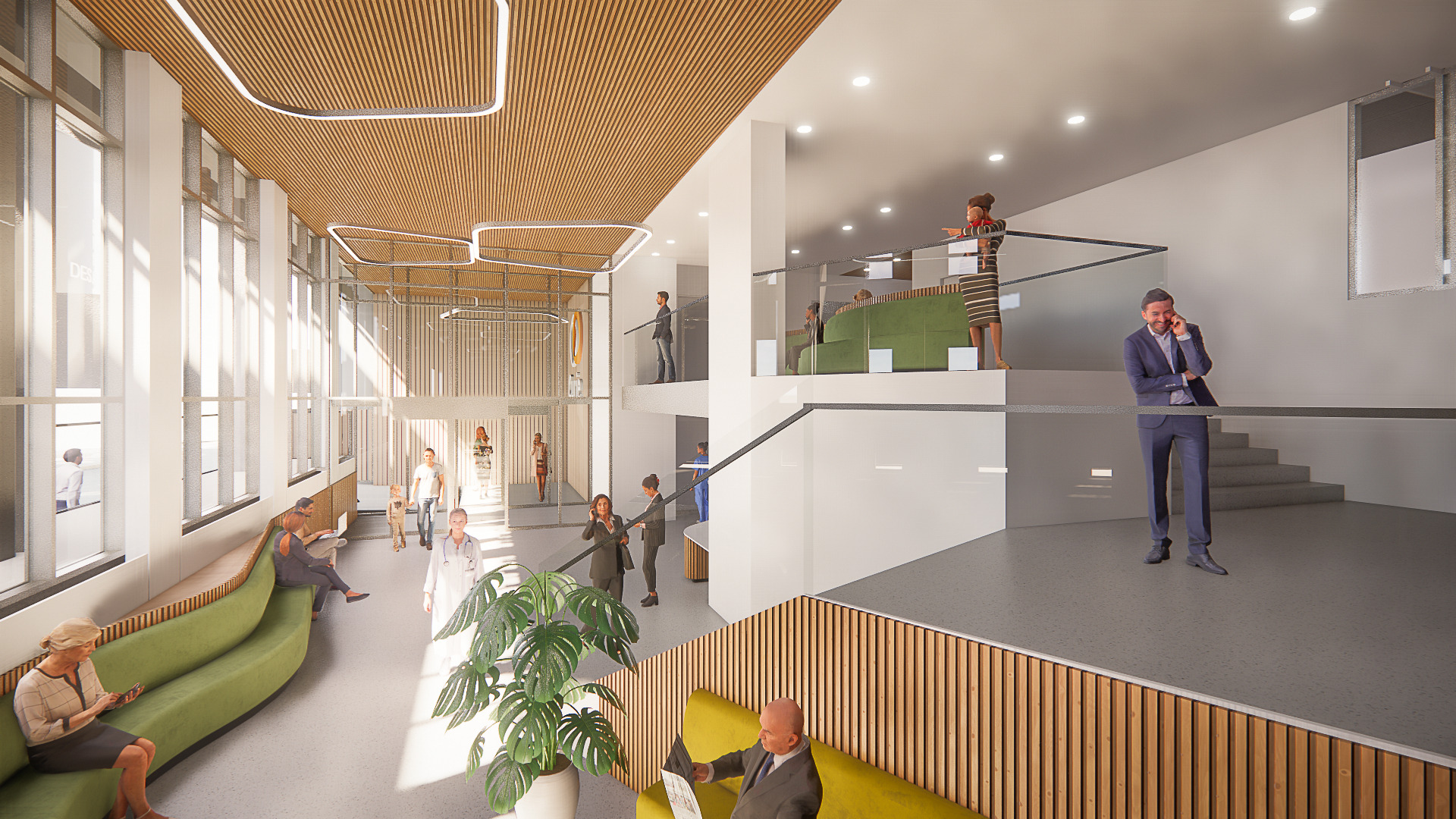 Hall intérieur spacieux de l'Institut Curie doté de mobilier ergonomique et d'une décoration moderne, témoignant de l'expertise d'A26 en design hospitalier et en création de pôles santé propices au confort des patients et des professionnels de santé.