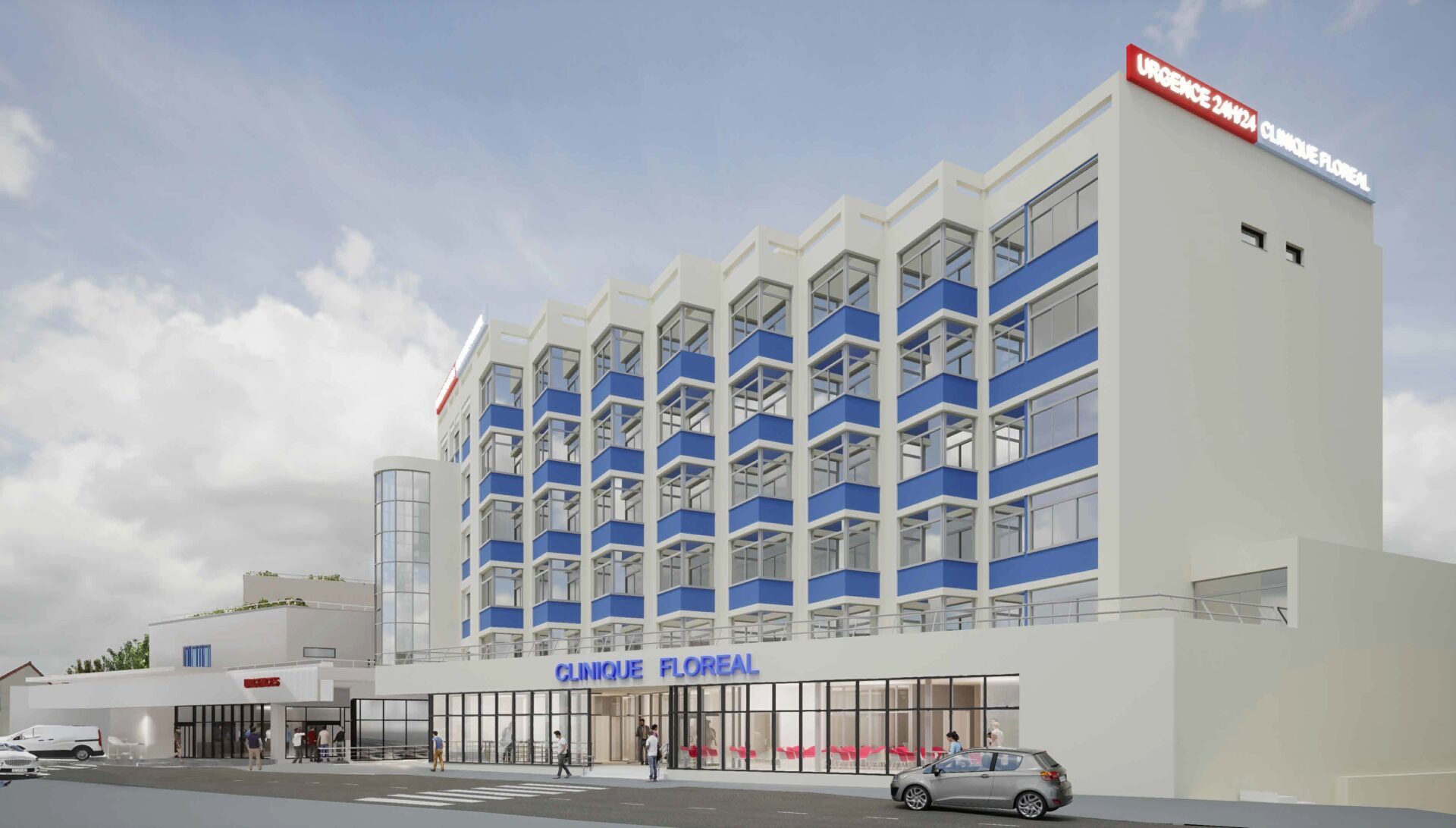 Vue de la Clinique Floréal à Bagnolet avec une architecture hospitalière moderne, vitrée et un service d'urgence 24/7 visible, reflétant le design hospitalier innovant de l'agence d'architecture A26