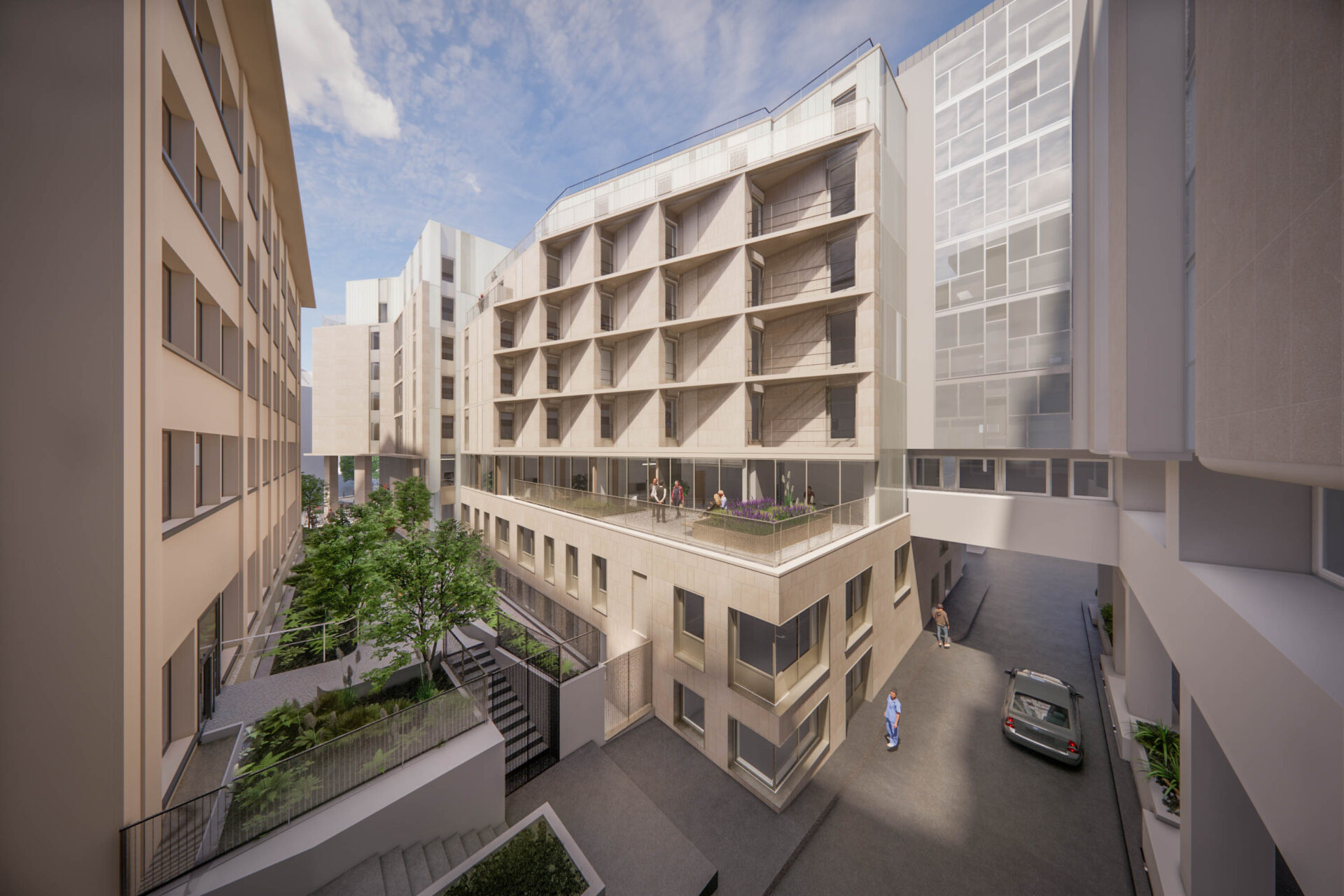 Cour intérieure paisible de l'Institut Curie avec un jardin thérapeutique, conçu par l'agence d'architecture A26, reflétant l'engagement envers des infrastructures médicales intégrées et des espaces de soins optimisés pour le bien-être des patients.