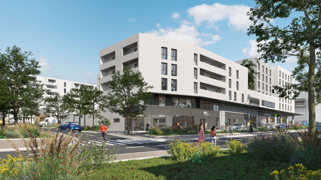 conceptuelle d'une rue urbaine par A26 axée sur la revalorisation foncière, présentant des bâtiments durables, des espaces communautaires dynamiques et un paysage luxuriant qui témoignent d'un engagement envers la conception urbaine innovante et la régénération urbaine qualitative