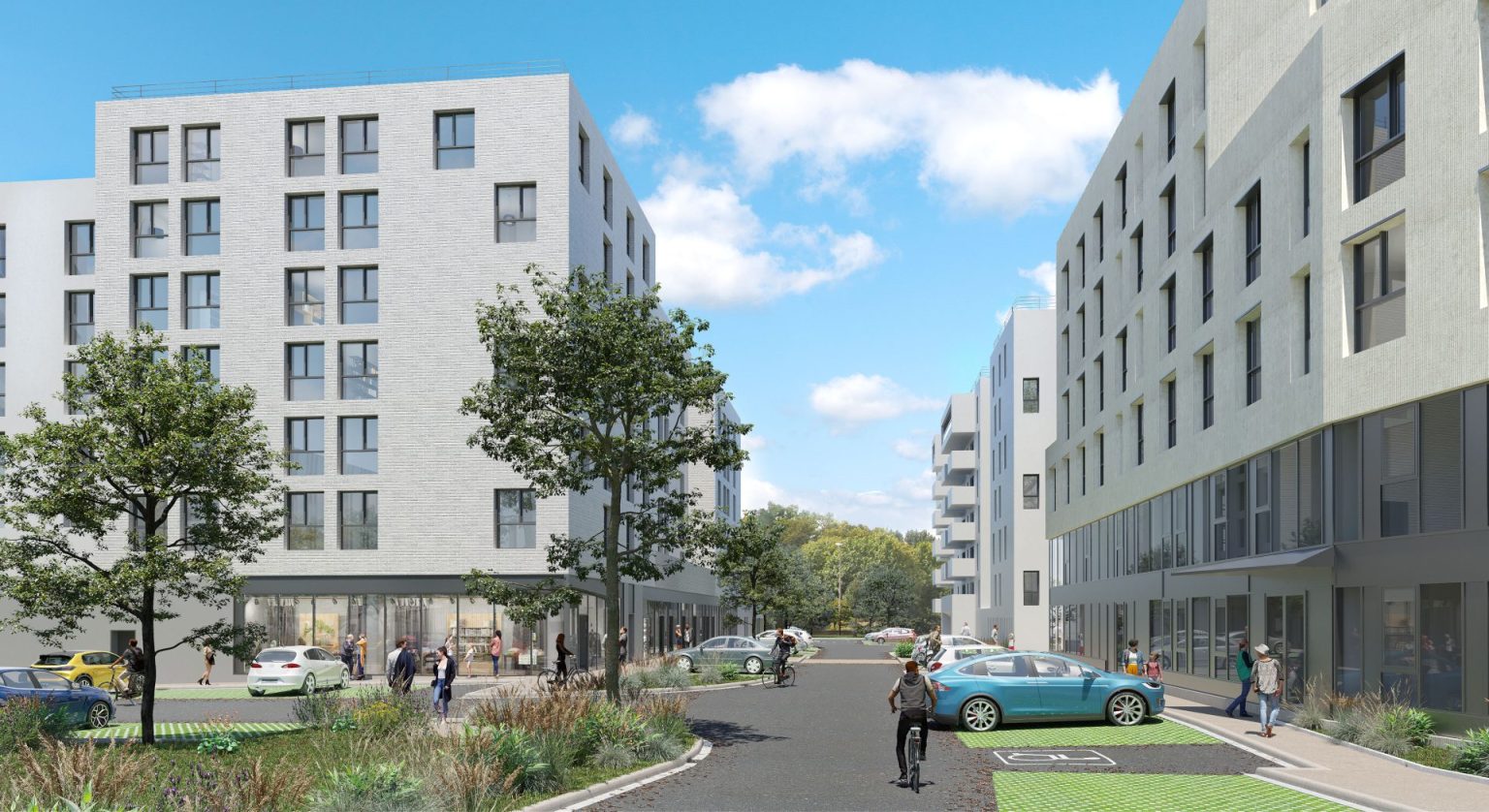 Représentation architecturale d'une zone urbaine revalorisée par A26, illustrant un espace urbain moderne et interactif avec des piétons et cyclistes profitant des nouveaux espaces verts et bâtiments épurés reflétant une régénération qualitative